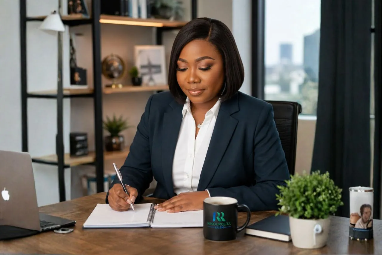 Ruth Oseme writing in a notebook at her desk beside a laptop and a Resourceful Ruth mug.